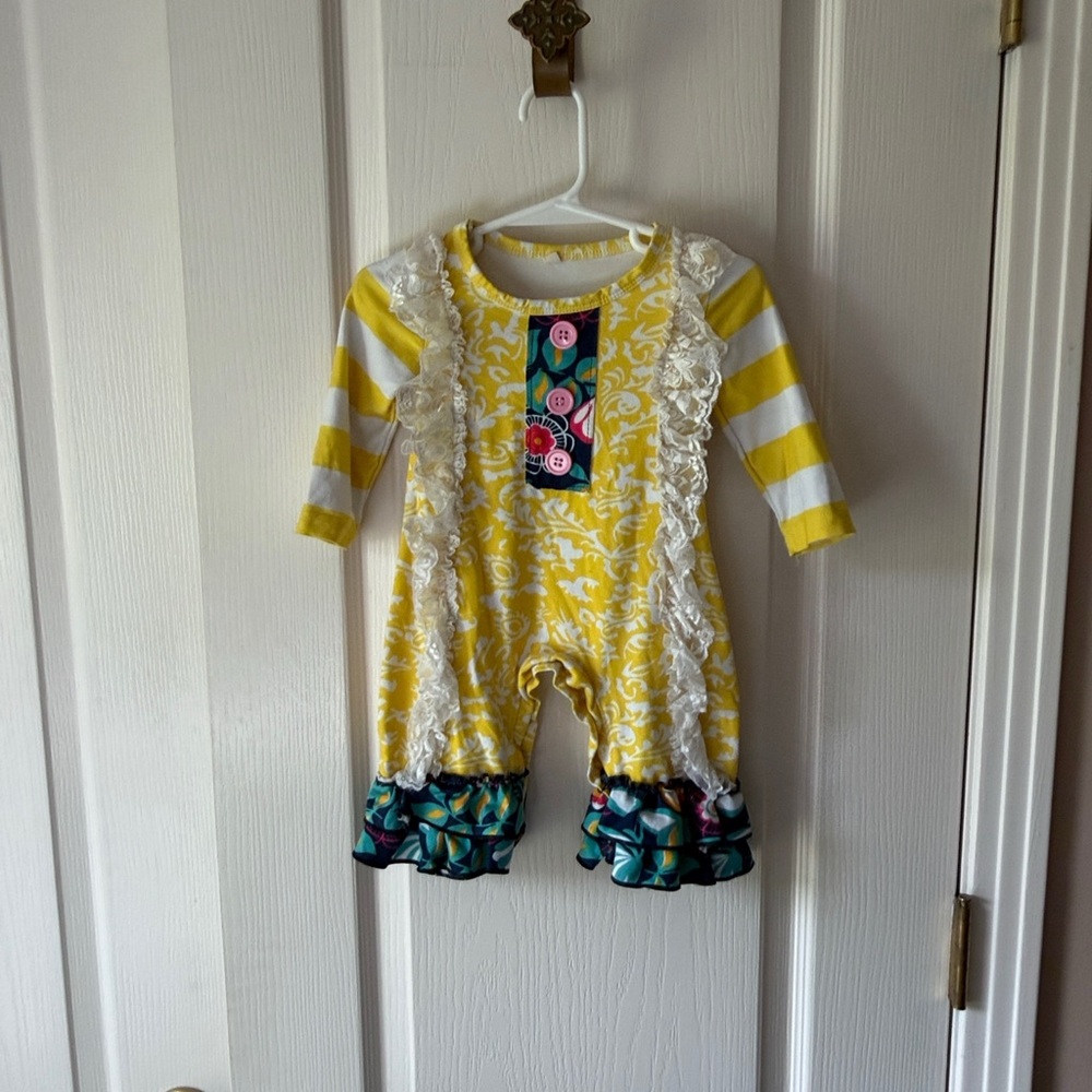 Yellow Striped Kids One Piece with Lace Trim